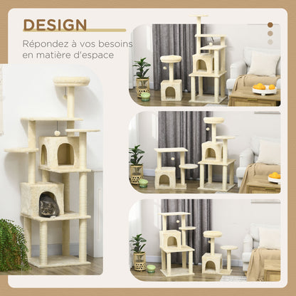 Krabpaal – Kattenboom – Kattenhuis – Krabmeubel – Kattenpaal – 171 cm Hoog – Met 2 Nestjes en 6 Platforms – Natuurlijk Sisal & Hangpompons