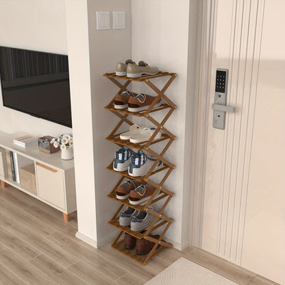 Schoenenrek – Schoenenkast – Schoenenopberger – Hal Organizer – Schoenenbank – 7 Lagen – Smal Verticaal Design – Bamboe & Kunststof – Vrijstaand Zonder Montage – 25x25x125 cm