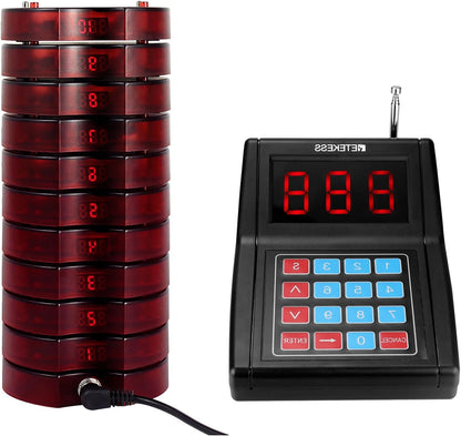 Oproepsysteem – Pager Systeem – Semafoonsysteem – Wachtrijsysteem – Bellersysteem – Groot Bereik 300m – 3 Oproepmodi – Rood – 10 Oplaadbare Pagers – Tot 999 Uitbreidbaar
