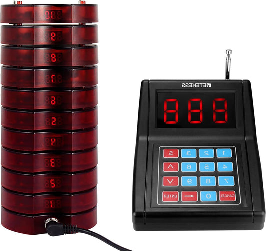 Oproepsysteem – Pager Systeem – Semafoonsysteem – Wachtrijsysteem – Bellersysteem – Groot Bereik 300m – 3 Oproepmodi – Rood – 10 Oplaadbare Pagers – Tot 999 Uitbreidbaar