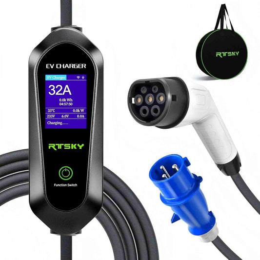 Mobile Wallbox 7 kW oplaadkabel voor elektrische auto's CEE 32 A naar type 2, Schuko eenfasig 5 m, 8-32 A oplader voor elektrische auto's met digitaal display