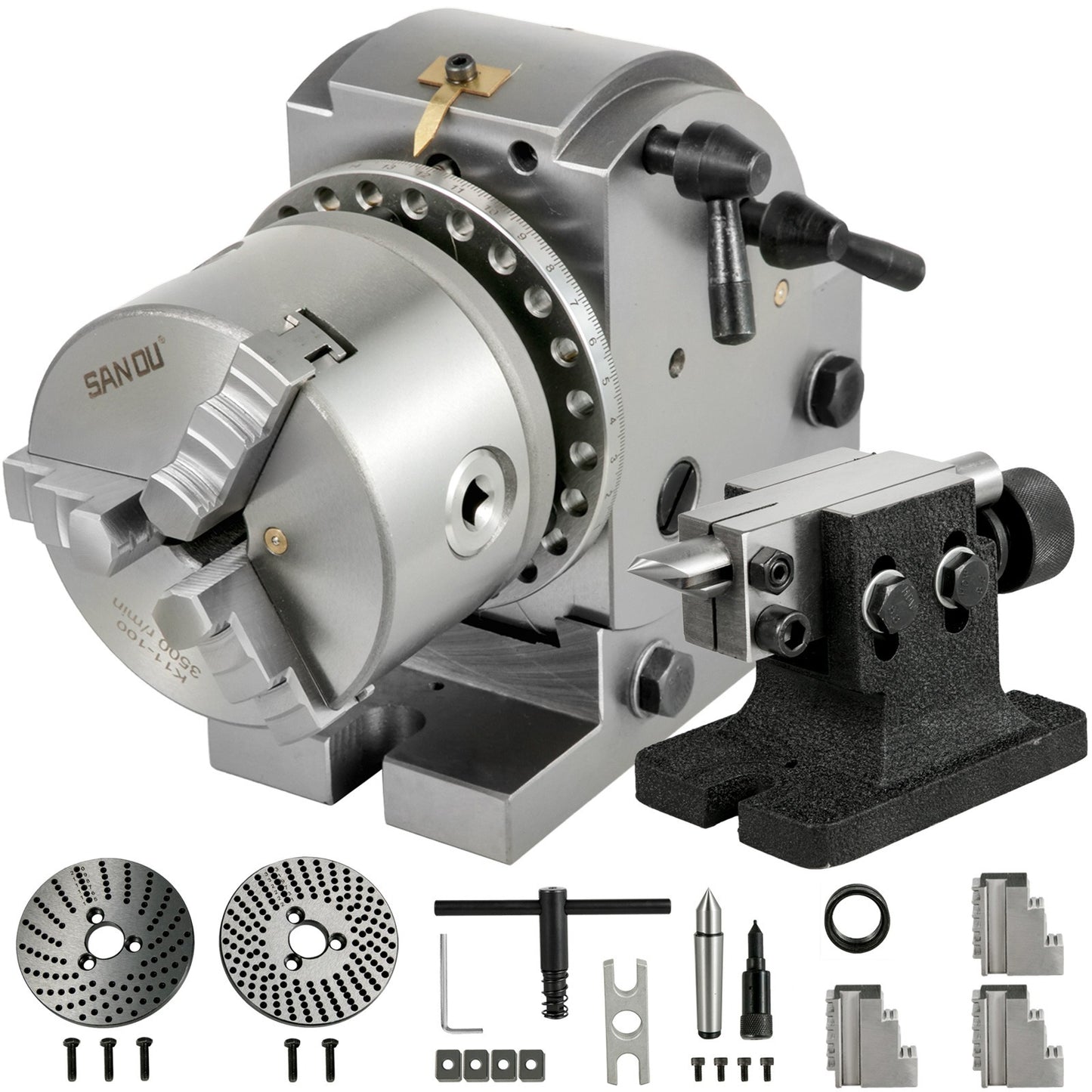 Deelkop Draaibank – Verdeelkop CNC – Indexeerkop Freesmachine – 3-Klauws Klauwplaat – 4 Inch Chuck – Verstelbare Hoek – HT200 Gietijzer Stabiel