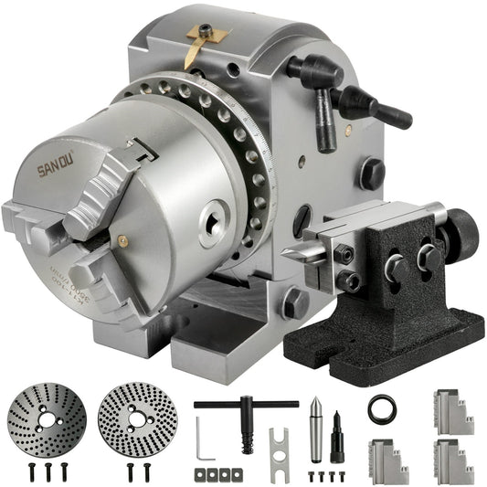 Deelkop Draaibank – Verdeelkop CNC – Indexeerkop Freesmachine – 3-Klauws Klauwplaat – 4 Inch Chuck – Verstelbare Hoek – HT200 Gietijzer Stabiel