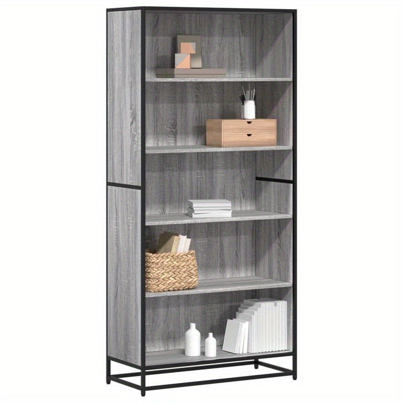 [Versatile Use] Stylish Gray Sonoma Oak Bookcase - 3-Section Vertical Shelving Unit with Black Metal Frame, Smooth & Moisture-Proof Wood, Ample Storage for Living Room, Office, or Study - Perfect for Books, Decor, and Essenti