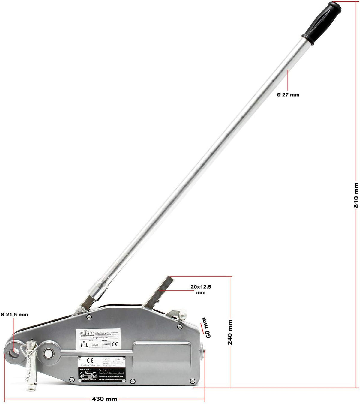 Wiltec kabellier tot 800 kg met 20 meter lange kabel, handmatige lier met staalkabel Ø 8,3 mm, bosbouw kabellier met breekpen en lasthaak