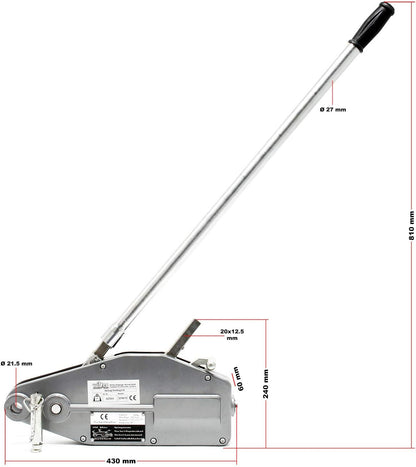 Wiltec kabellier tot 800 kg met 20 meter lange kabel, handmatige lier met staalkabel Ø 8,3 mm, bosbouw kabellier met breekpen en lasthaak