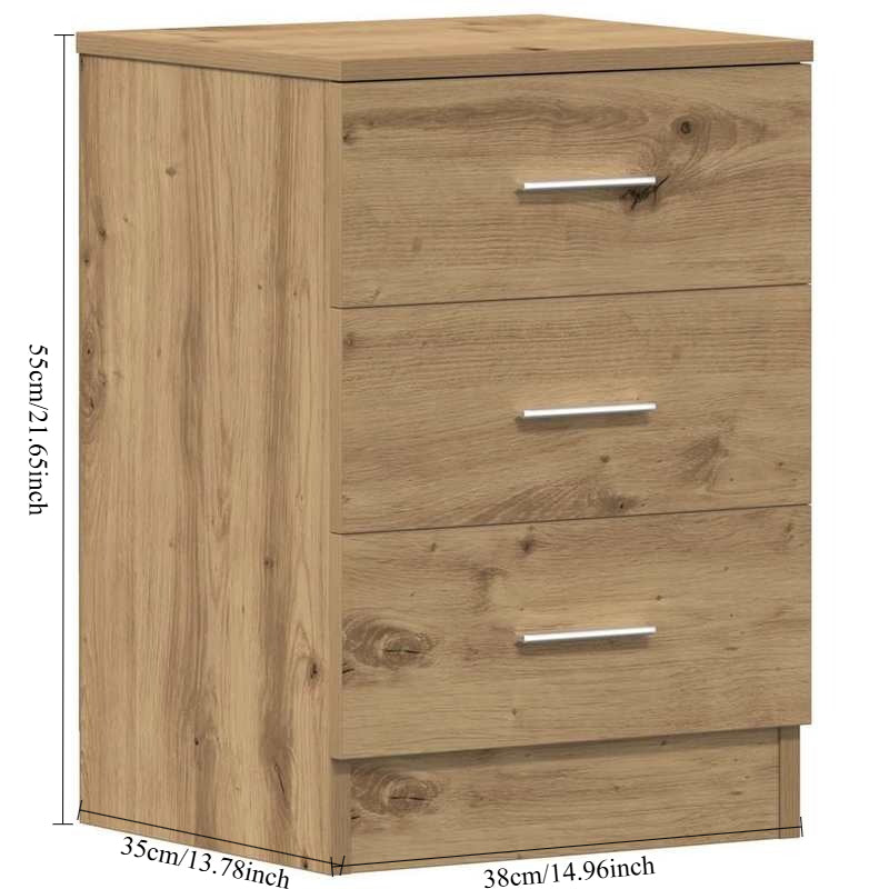 Nachtkastje – Nachtkastjes – Bijzettafel – Opbergkastje – Kast – Set van 2 – Natuurlijk Eikenhout – 38x35x55 cm – 3 Lades – Compact & Ruim