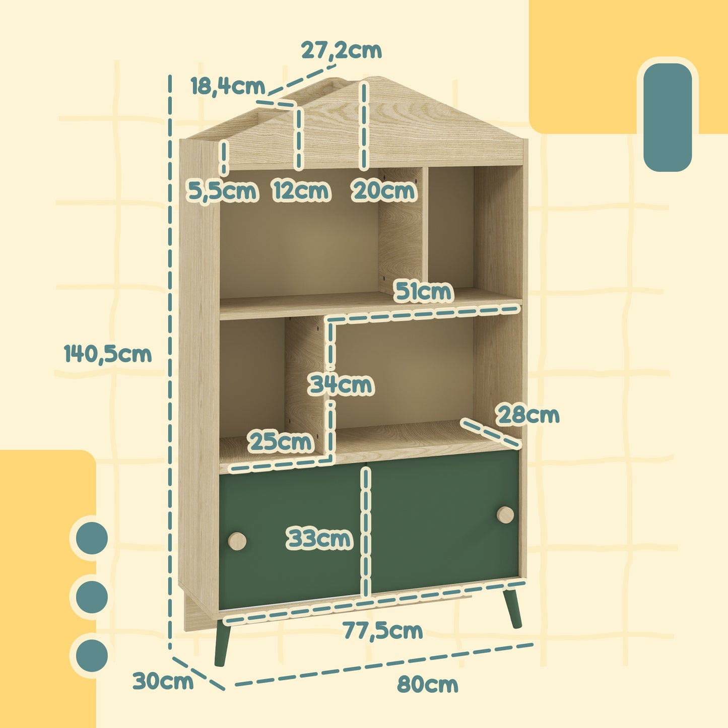 AIYAPLAY 'S Library Bookshelf 'S Storage Shelf 'S Room Toy Storage Furniture with 4 Niches, Cabinet for Playroom, 'S Room, Living Room - 80 X 30 X 140, 5 Cm Green