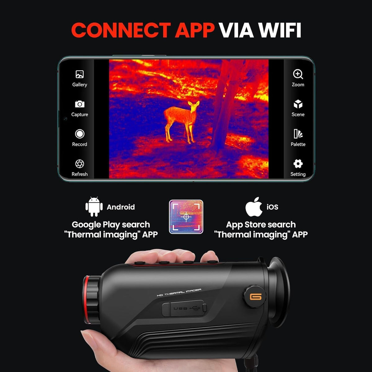 GOYOJO Handheld warmtebeeldmonoculair, met 15 mm brandpuntlens 256 x 192 (25 Hz) en geïntegreerde draadloze connectiviteit voor realtime delen, 6 kleurenpaletten voor elke verkenner (15 mm)