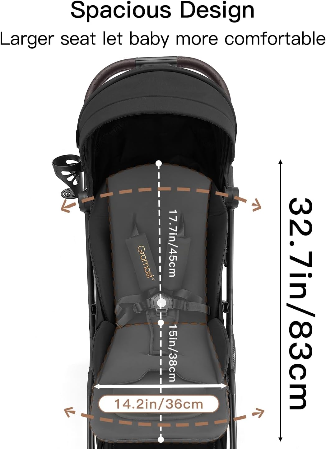 Gromast Gravity Opvouwbare babybuggy met verstelbare rugleuning en zonnedak, lichtgewicht en uv-bescherming, met één hand automatisch inklapbaar, zwart