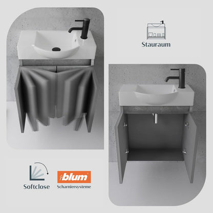Alpenberger Bathroom Cabinet with Mirror, Bathroom Furniture Set, Sink with Base Cabinet and Bathroom Mirror with Lighting, Bathroom Cabinet with Basin, Basin Cabinet (Cement) - QUORE
