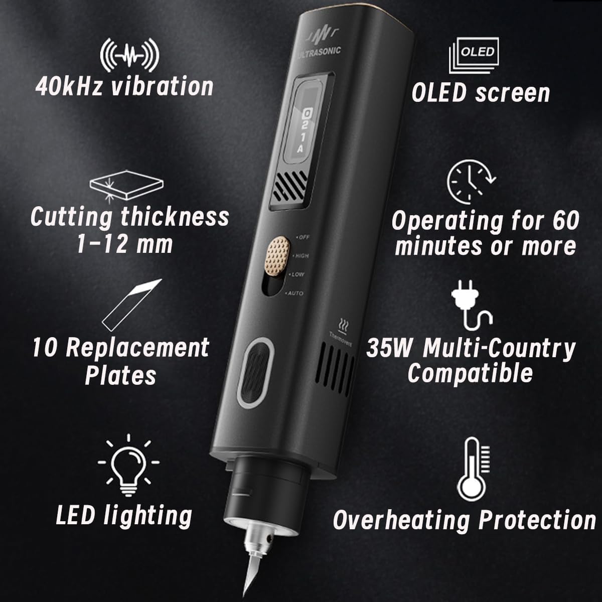 2-in-1 ultrasone snijder, 35w handheld, lichtgewicht, ultrasoon mes, met 50 messen en OLED-display, geschikt voor 3D-printmodellen van kunststof, hout, hars, polyethyleen en leer