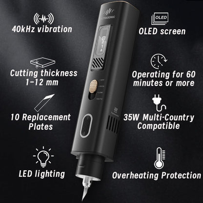 2-in-1 ultrasone snijder, 35w handheld, lichtgewicht, ultrasoon mes, met 50 messen en OLED-display, geschikt voor 3D-printmodellen van kunststof, hout, hars, polyethyleen en leer