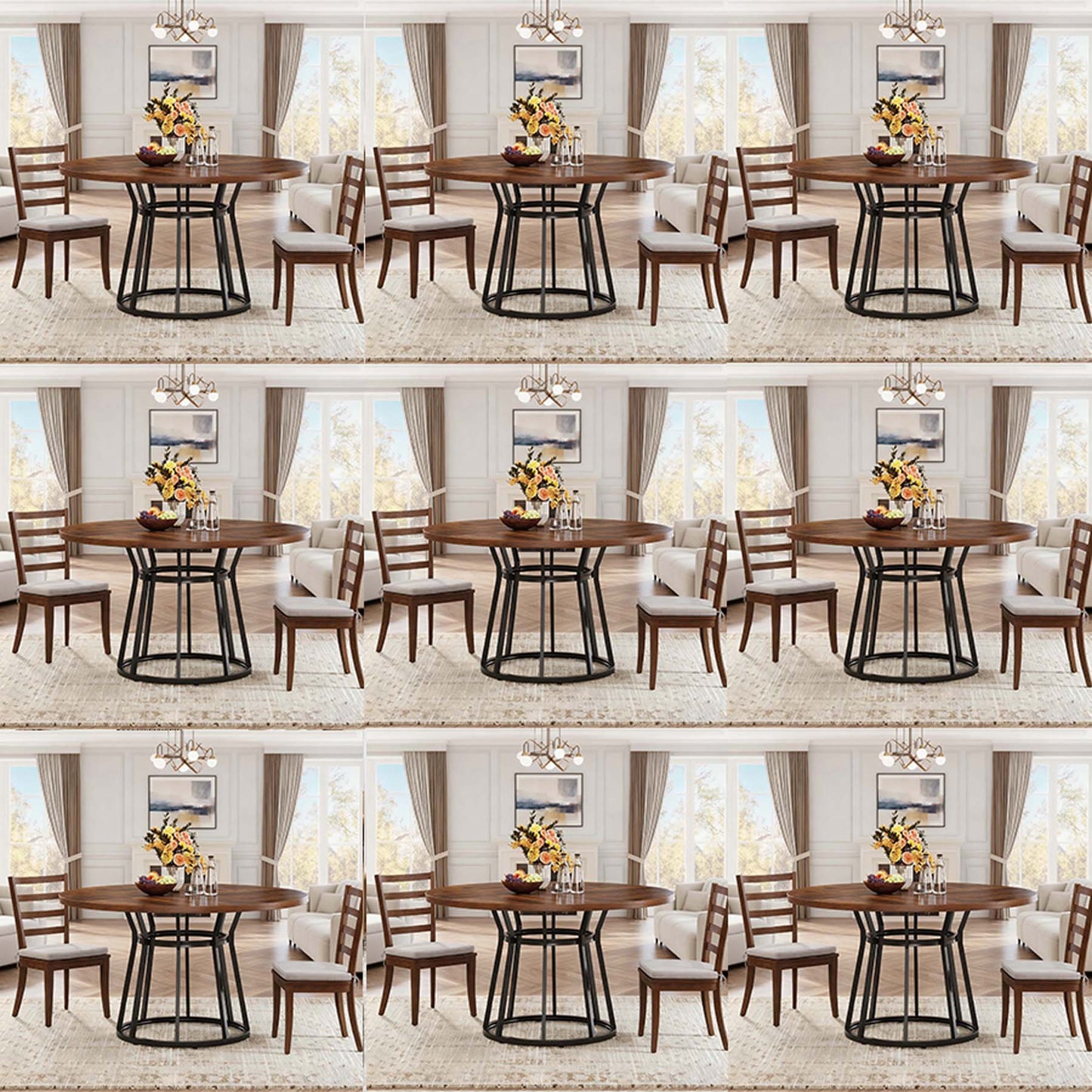 Ronde Eettafel – Ronde Tafel – Eetkamertafel – Keukentafel – Tafel Voor 4 Personen – 119,89 cm Diameter – Bruin Onderstel Metaal