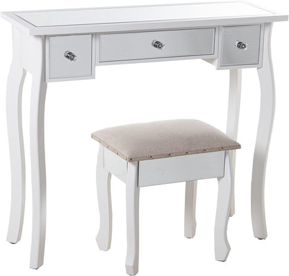 DRW Kaptafel met 3 laden van hout en spiegel en kruk in wit en spiegel 90 x 32,5 x 80 cm en kruk 40 x 34 x 43 cm