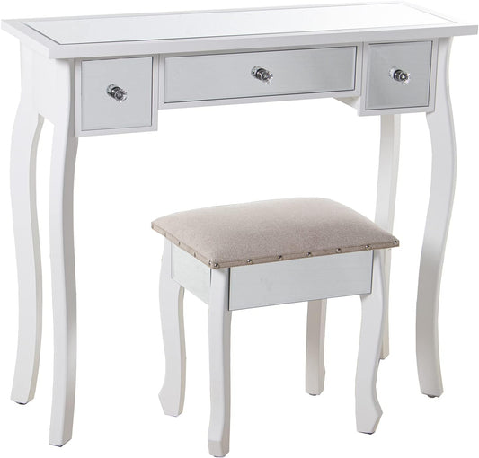 DRW Kaptafel met 3 laden van hout en spiegel en kruk in wit en spiegel 90 x 32,5 x 80 cm en kruk 40 x 34 x 43 cm