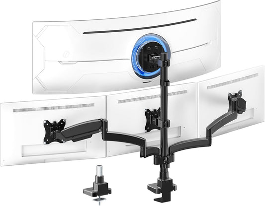 PUTORSEN Monitorhouder 4 monitoren, max. tot 1 x 49 inch en 3 x 27 inch platte en gebogen schermen, 80 cm stang-tafelhouder, verstelbare gestapelde monitorhouder, VESA 75/100