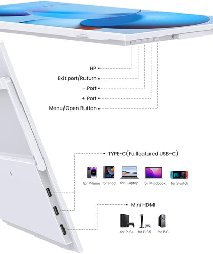 UPERFECT Portable Monitor 15.6" 125% sRGB FHD HDR Design with Integrated Gtandaard & VESA compatible, Ultra Slim – External Second Screen for Laptop/PC/Smartphone/Game Consoles – White - QUORE
