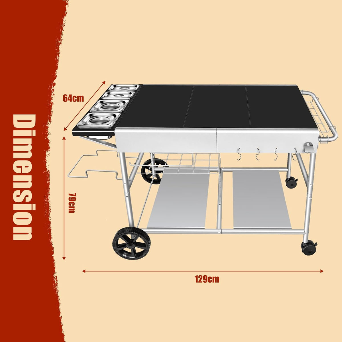 Denmay 128 x 66 x 78 cm Grillwagen voor Weber Q-serie, Ninja Woodfire, pizzaoven, tafelgrill, pizzaoven, serveerwagen met groot werkblad, outdoor grilltafel, keukenwagen, grillstandaard