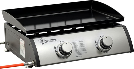 Outsunny Gas Plancha Grill with 2 Stainless Steel Burner, 6 KW, Portable Tabletop Gas Barbecue with Non-Stick Plate for Camping, Picnic Garden, Party Festival - QUORE