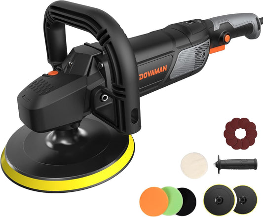 PLS03A Auto Polijstmachine 1500W, roterende polijstmachine 180mm/150mm, 6 variabele snelheden (600-3000 RPM), afneembaar handvat, bufferkit voor auto-detaillering, polijsten en waxen