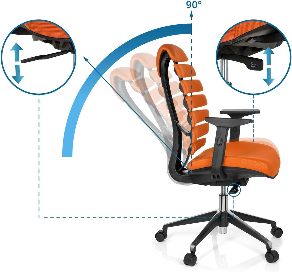 Ergonomische bureaustoel – Bureaustoel Draaistoel Kantoorstoel Werkstoel Designstoel – Vijfvoudig Verstelbare Armleuningen – Geïntegreerde Lendensteun – Traploze Hoogteverstelling – Synchroonmechanisme – Oranje Stof