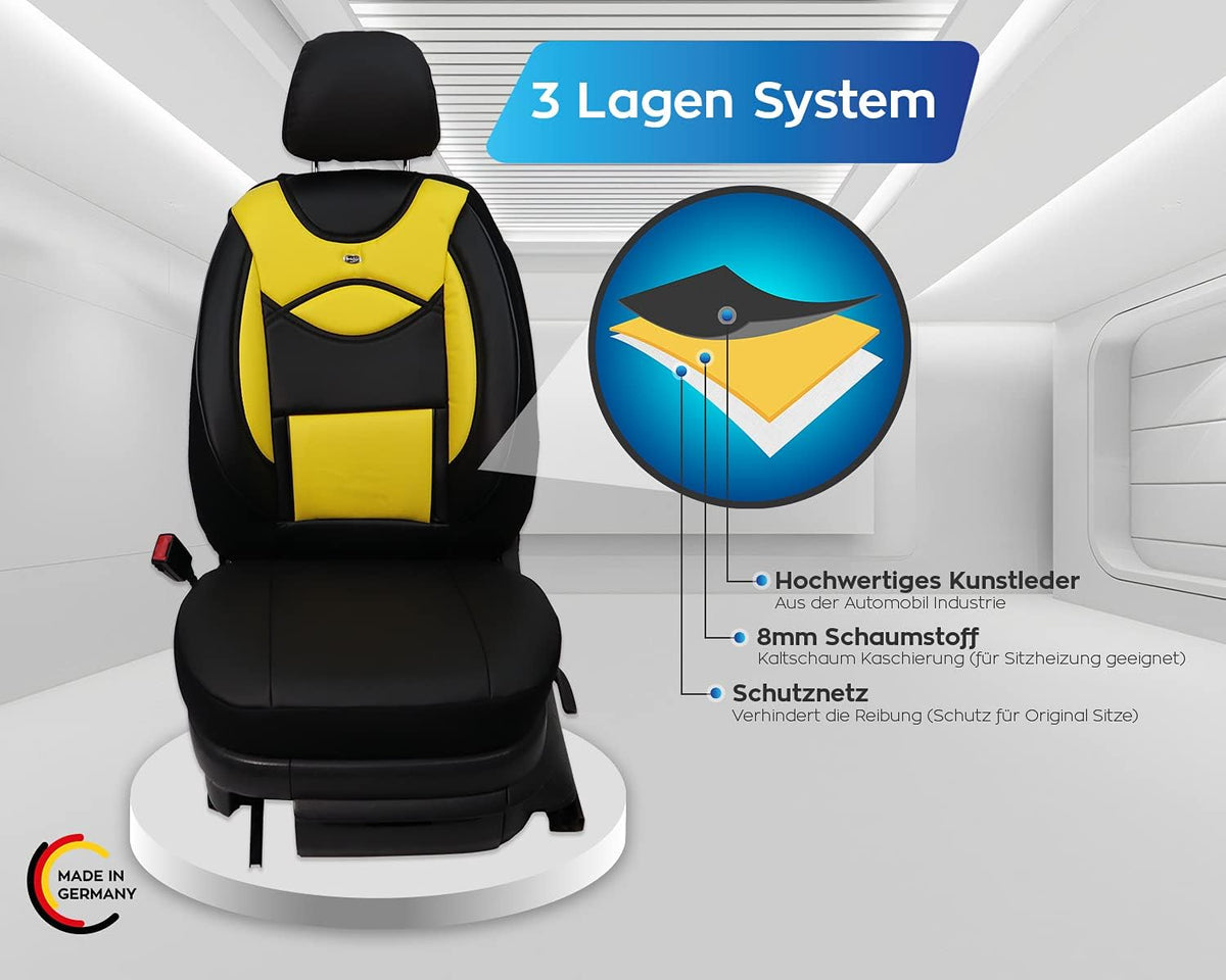 BREMER SITZBEZÜGE Autostoelhoezen van kunstleer, compatibel met VW Golf 4 bestuurders en passagiers vanaf 1997-2006, textielleer, set van 2 autostoelhoezen in zwart/geel (D105)