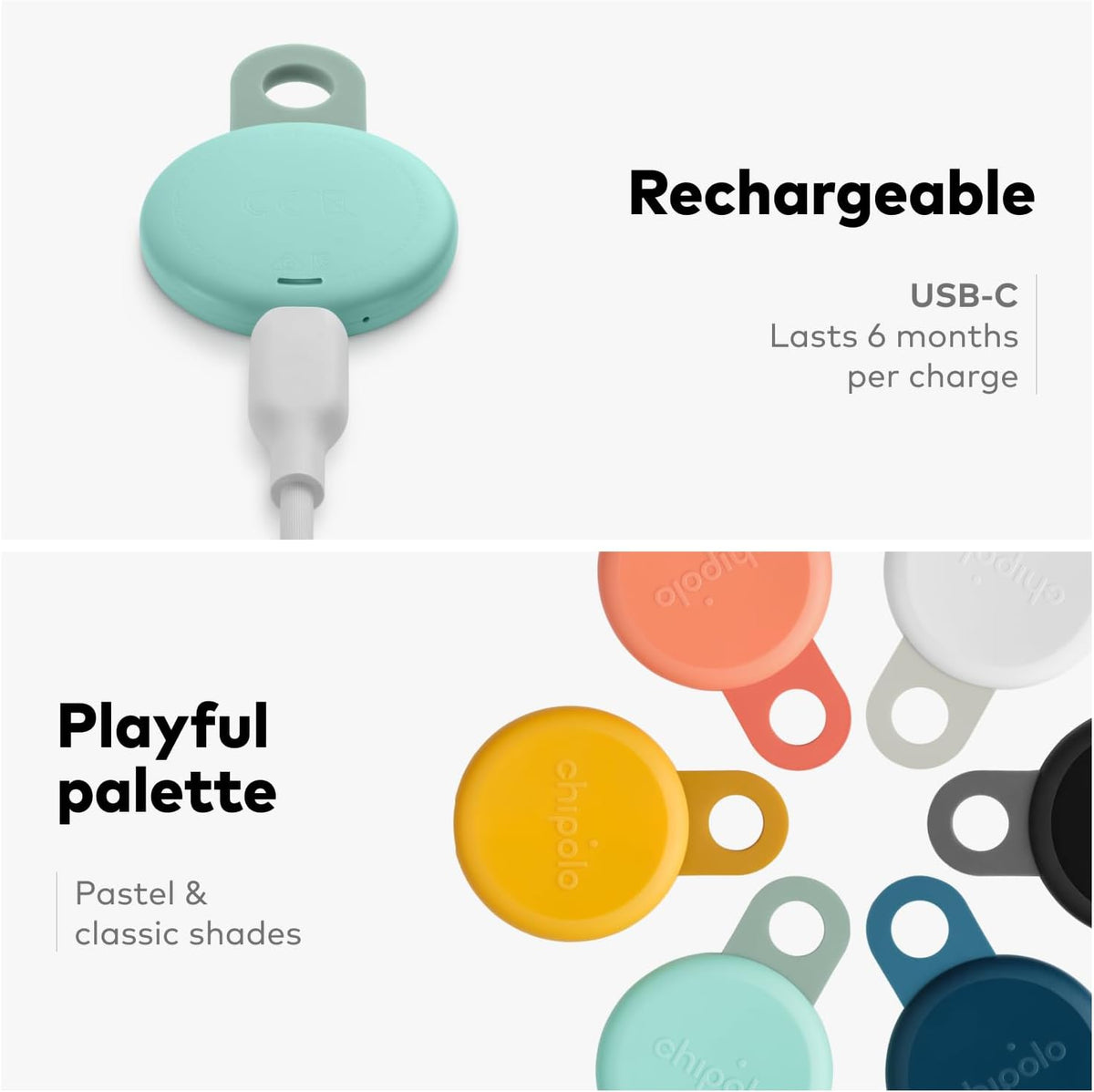 Chipolo LOOP-Oplaadbare Bluetooth tracking tag item locator voor sleutels & tassen, Apple Zoek mijn - compatibel of Google Vind plek, Laat telefoon rinkelen (4 Pack (Mix))
