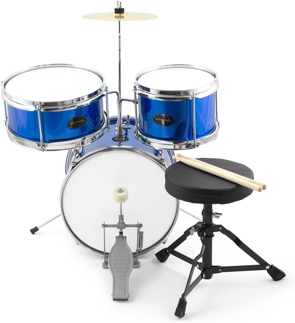Kids Drum Kit - Blauw 3-delige Junior Drumset, Kinderdrumset met Troon en Drumsticks