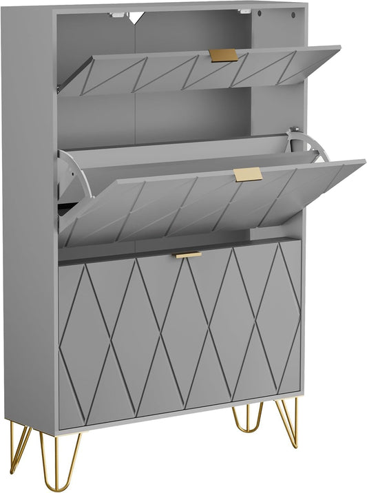 Schoenenkast – Schoenenrek – Schoenopberger – Schoenmeubel – Schoenenkastje – Ruimtebesparend Ontwerp – Geschikt Voor 16 Paar Schoenen – Grijs – MDF Met Metalen Poten – Slank En Duurzaam