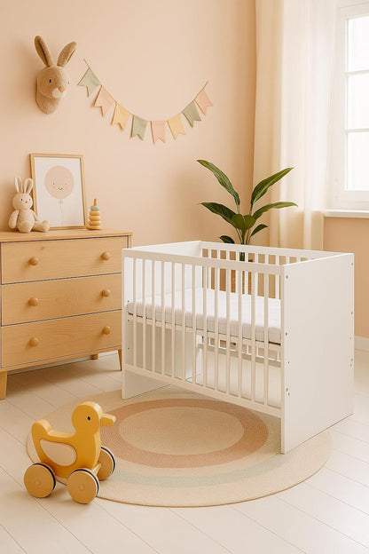 Cot Tany White 120 x 60 cm - Cot with slatted frame 3 levels adjustable in height - Lacquered pine wood - QUORE