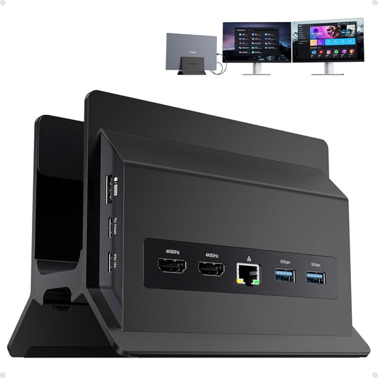 USB-C Docking Station Voor Dubbele Monitoren – Dockingstation – Laptop Dockingstation – USB-C Hub – Verticale Laptopstandaard Zwart – 2X HDMI 4K 60 Hz – 11-In-1 Met Ethernet En 100W PD