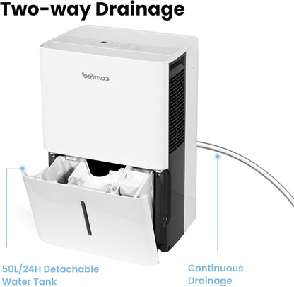 COMFEE' Déshumidificateur 50L/jour, Déshumidificateur d'air convenant jusqu'à 116㎡, Réservoir d'eau 6L, Roues, Roues, Séchage, Bruit réduit, MDDPE-50DEN7