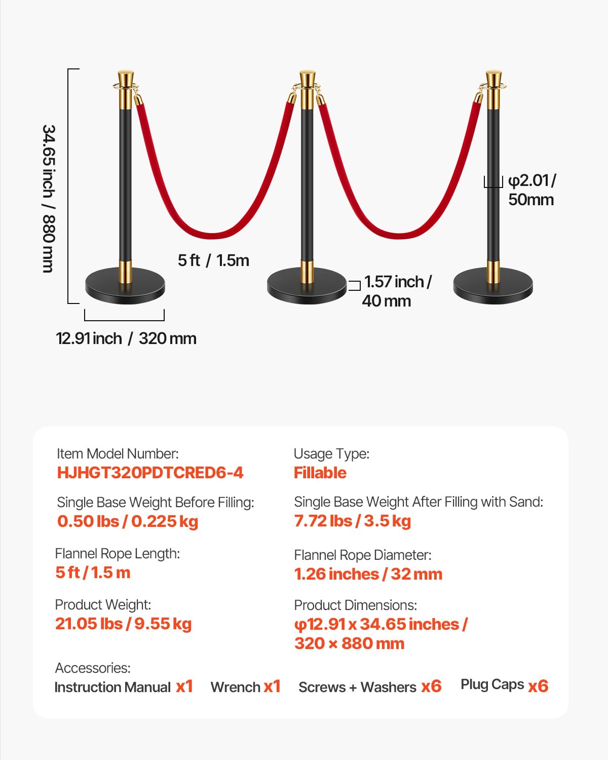 VEVOR Afsluitpalen vergrendeling (6 stuks) voor het regelen van menigten met 4 rode fluwelen touwen (1,5 m lang), afsluitstandaard van roestvrij staal met navulbare sokkel voor tentoonstellingen
