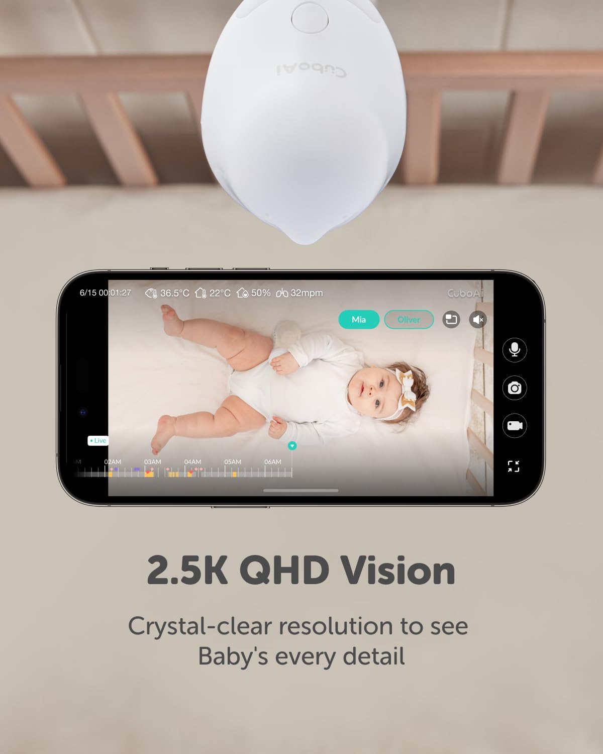 CuboAi 2025 Nieuw Model Slimme Babyfoon 3: Slaapveiligheidsmeldingen voor Bedekt Gezicht & Omrollen, 2.5K QHD Nachtzicht Camera, 2-Way Audio, Vochtigheidssensor, Slaapliedjes (Vloerstatief Set)