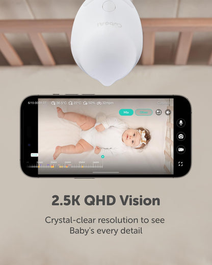 CuboAi 2025 Nieuw Model Slimme Babyfoon 3: Slaapveiligheidsmeldingen voor Bedekt Gezicht & Omrollen, 2.5K QHD Nachtzicht Camera, 2-Way Audio, Vochtigheidssensor, Slaapliedjes (Vloerstatief Set)