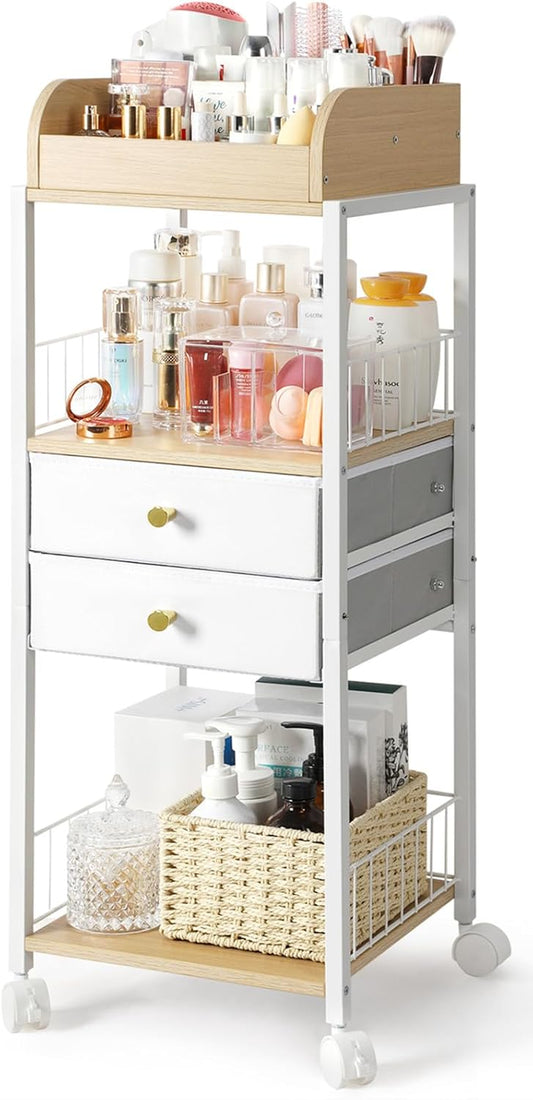 Bikoney Make-up-organizer met laden en wielen - staande wagen voor huidverzorging, parfum, nagellak, haargereedschap, grote cosmetische opbergunit voor slaapkamer of badkamer