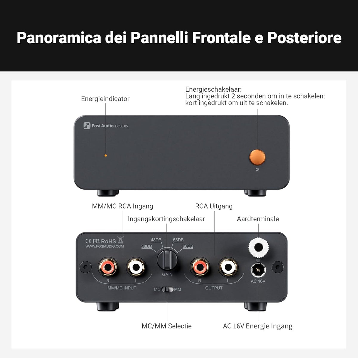 Fosi Audio BOX X5 Phono Voorversterker voor Draaitafel, voor MM & MC Cartridge Draaitafel/Phonograaf Platenspeler/Actieve Luidsprekers, 4-Level Instelbare Versterking 38/48/56/66 dB met RCA Uitgang