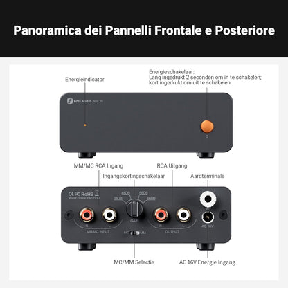 Fosi Audio BOX X5 Phono Voorversterker voor Draaitafel, voor MM & MC Cartridge Draaitafel/Phonograaf Platenspeler/Actieve Luidsprekers, 4-Level Instelbare Versterking 38/48/56/66 dB met RCA Uitgang