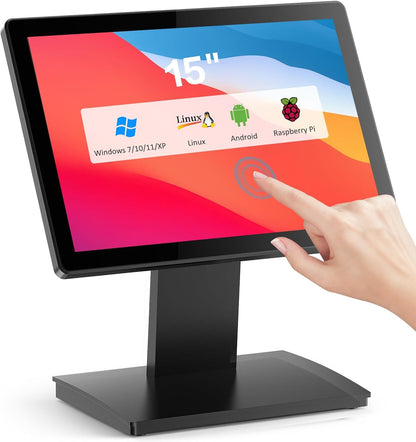15 inch touchscreen POS-monitor, HDMI/VGA capacitieve schermweergave met zware metalen standaard voor winkels, restaurants, bar, sportschool, magazijn en kassasystemen