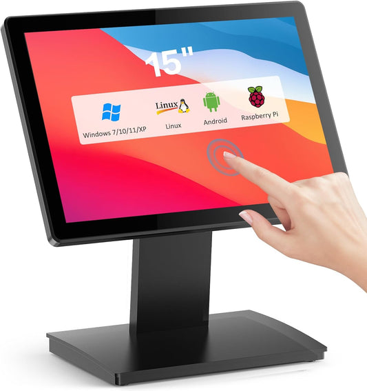 15 inch touchscreen POS-monitor, HDMI/VGA capacitieve schermweergave met zware metalen standaard voor winkels, restaurants, bar, sportschool, magazijn en kassasystemen