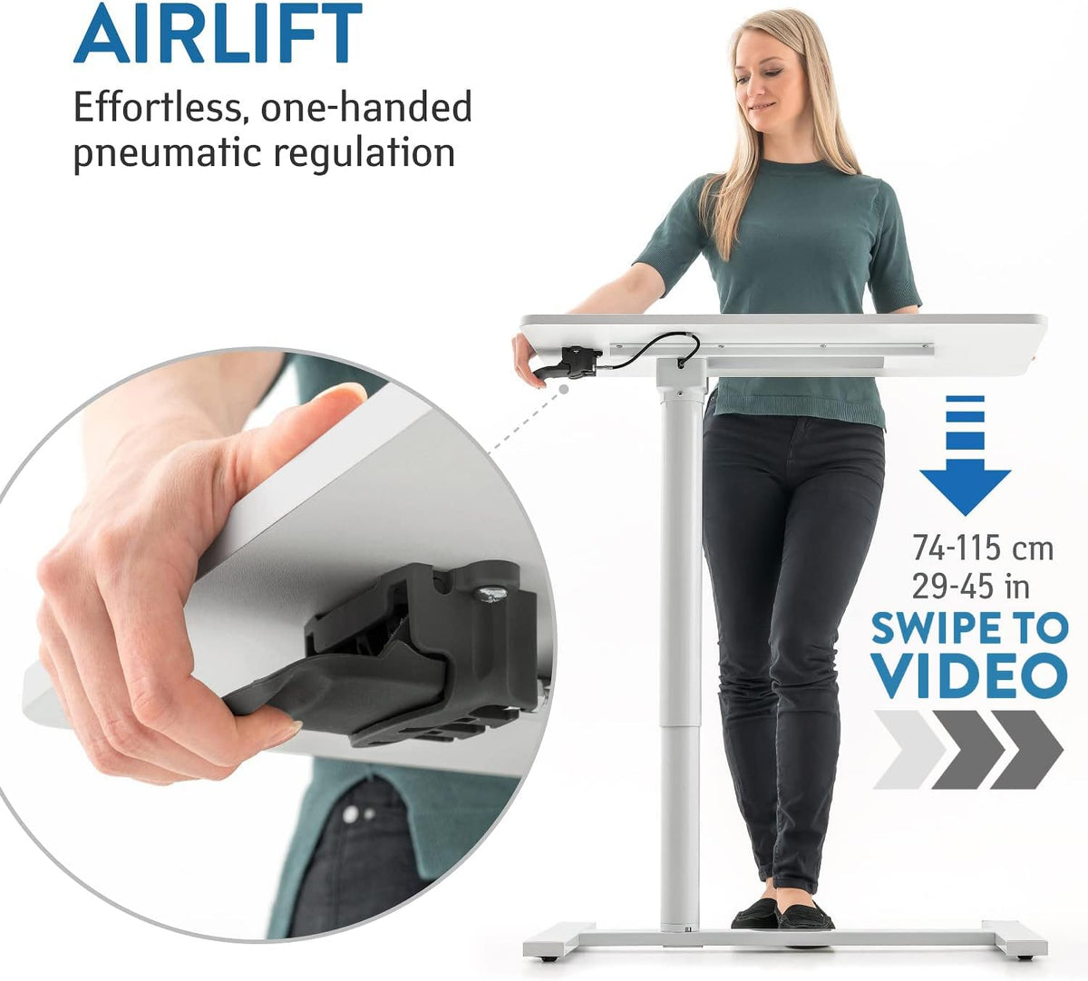 Tatkraft Relax Airlift Pneumatisch zit-sta laptopbureau met wielen, in hoogte verstelbaar 29-45 inch Moeiteloze gasliftregeling, thuiskantoor mobiele rollende laptopstandaard, groot tafelblad, wit