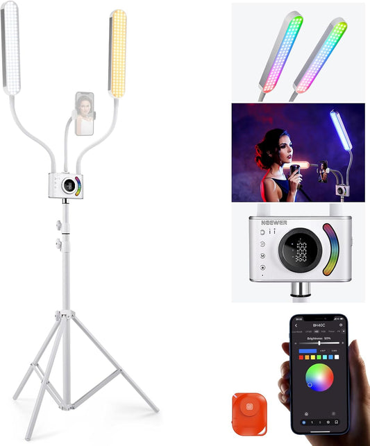 RGB LED Lichtstaafset Met Statief, Telefoonhouder En Tas – LED Videoverlichting – Verlichtingsset – Lichtset – Fotolamp – Twee Armen Voor Egale Schaduwvrije Belichting – 2500 Tot 10000 K, CRI 98+