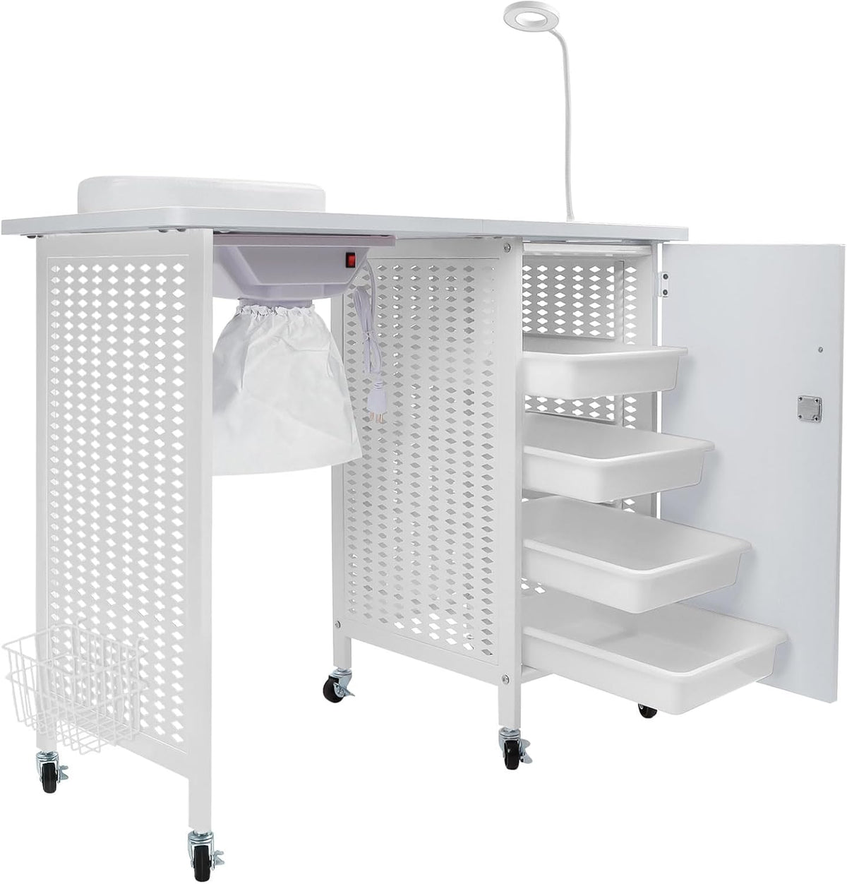 Mobiele Manicure Nageltafel – Manicuretafel, Nagelbureau, Nagelstation, Nagelmeubel – Wit – 6 Zwenkwielen, Vergrendelbaar – 4 Laden, Stofafzuiging En Polssteun