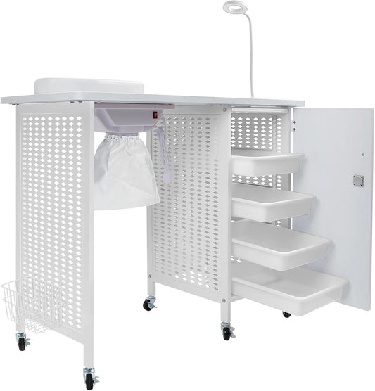 Mobiele Manicure Nageltafel – Manicuretafel, Nagelbureau, Nagelstation, Nagelmeubel – Wit – 6 Zwenkwielen, Vergrendelbaar – 4 Laden, Stofafzuiging En Polssteun