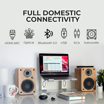 VULKKANO A4 ARC Luidspreker met 10,2 cm (4 inch), Bluetooth 5.0, HDMI ARC, optisch, RCA, USB, met subwoofer-uitgang, studiomonitoren met elegant design, zwart