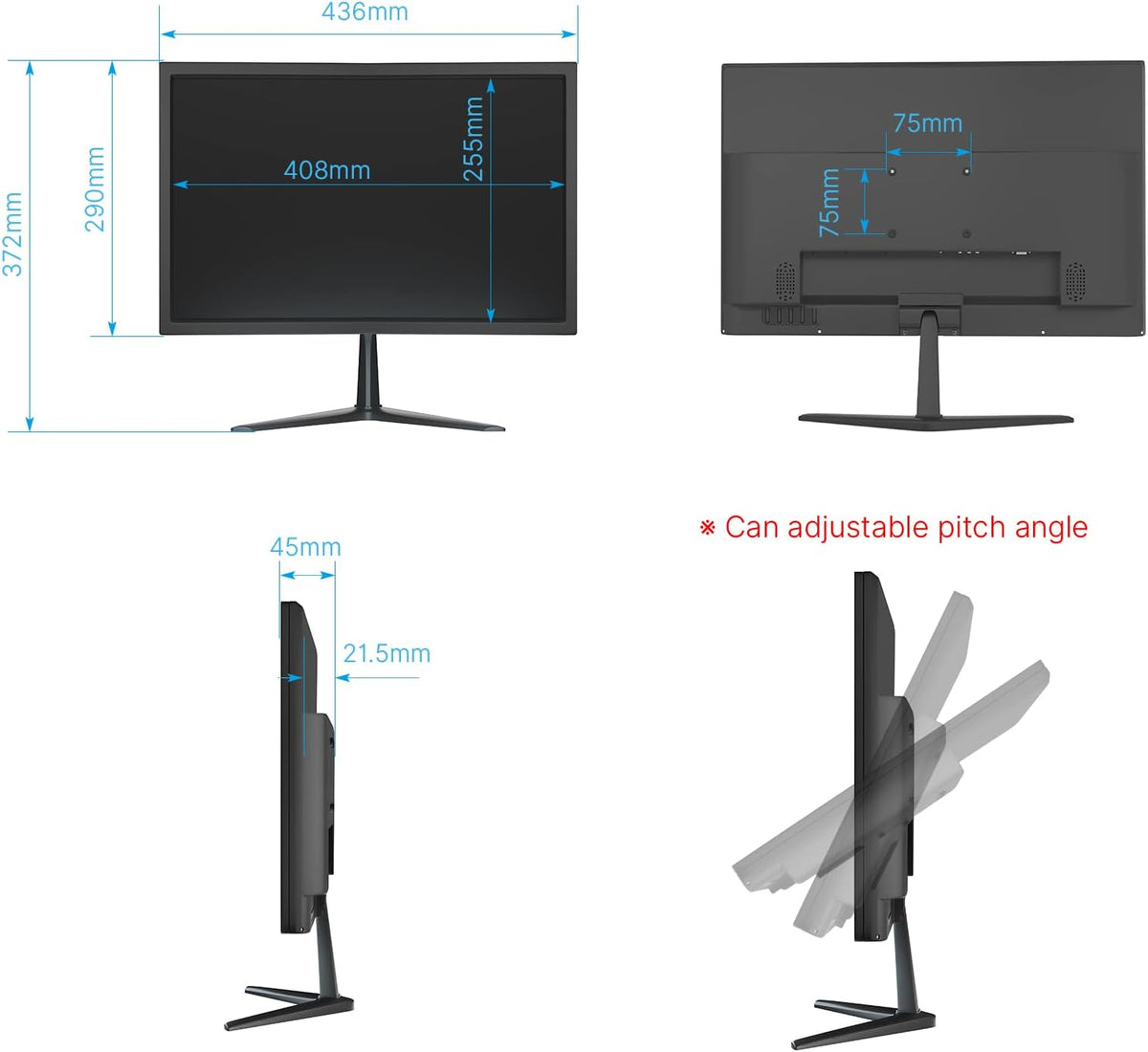 Hisseu Led-monitor, 21,5 inch, 60 Hz, Ultra HD, HDMI, VGA, USB-audio-interface, ingebouwde luidspreker, 160° brede kijkhoek, computermonitor, gaming monitor, CCTV-systeem compatibel