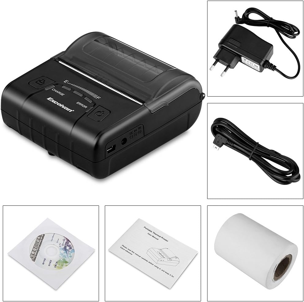EXCELVAN E300 Thermische printer voor kwitanties en bankbiljetten, draadloos, draagbaar, USB, 90 mm/sec, 80 mm, ESC/POS, voor Pos Terminal verkooppunt), zwart