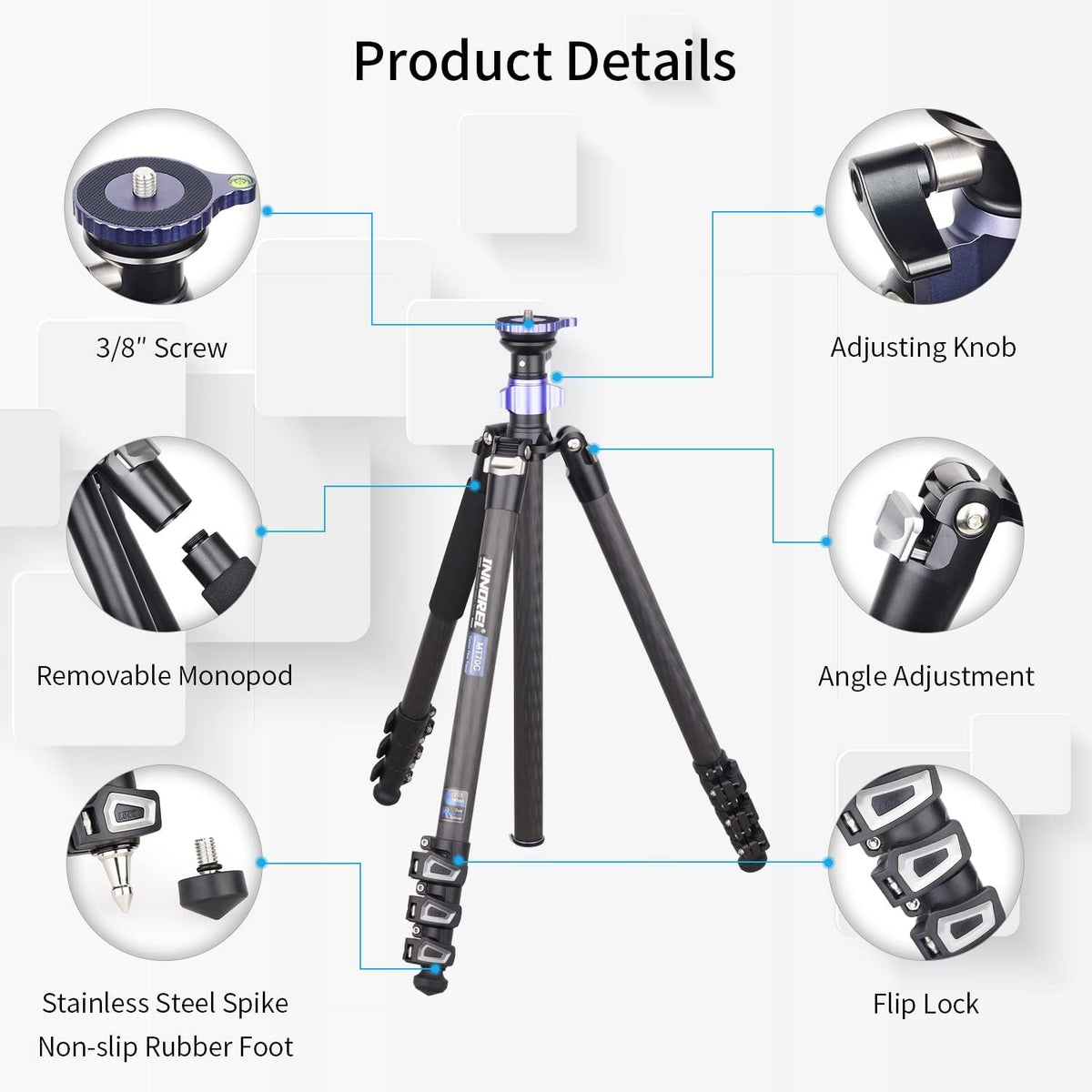 INNOREL MT70C Professionele Statieven, met Half Ball Leveller, zonder vloeistofkop, Koolstofvezel videostatiefset, Snel Flip Lock, Converteerbaar naar Monopod, voor DSLR Camera Video Camcorder