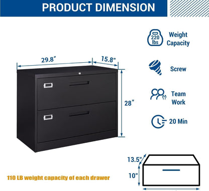 Lateral filing cabinet with lock, large metal filing cabinet with 2 drawers, lockable home office storage cabinet for hanging files Letter/Legal/F4/A4 format assembly required - QUORE